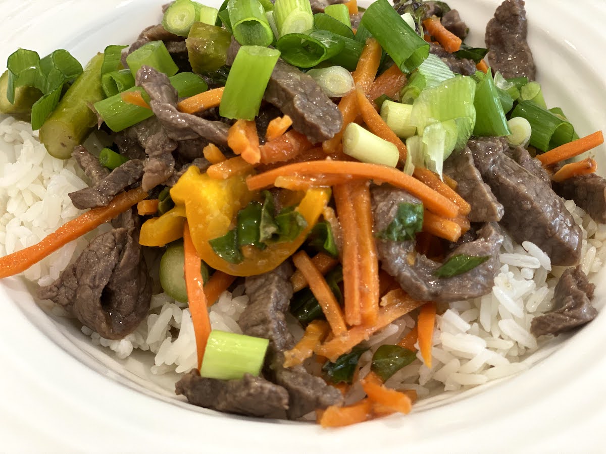 ginger beef veggie and basil stir fry over rice