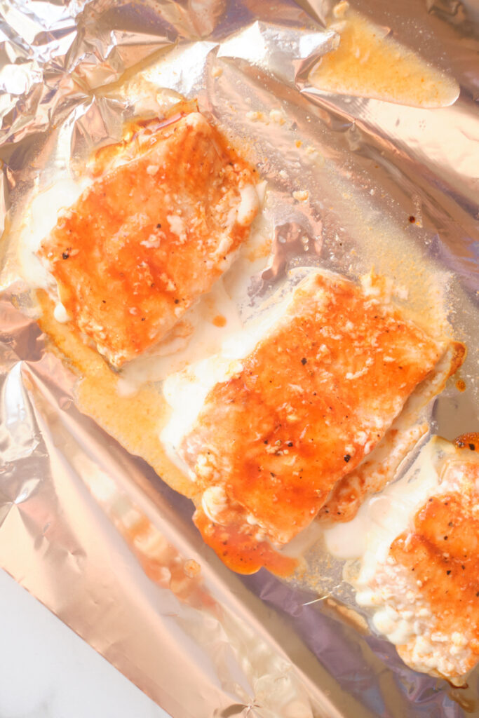 honey sriracha salmon fillets after baking