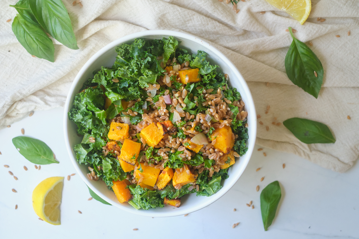 Overhead view of a bowl of farro butternut squash salad with kale and herbs