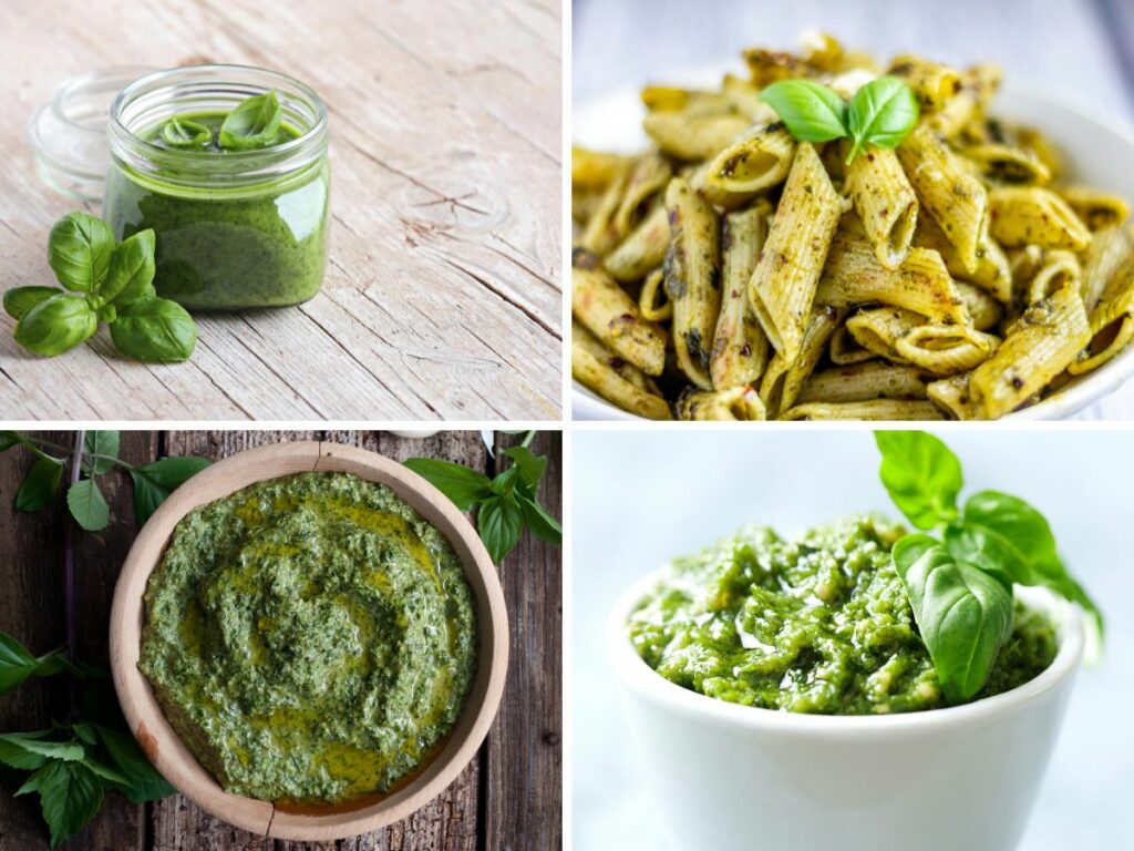 Collage showing 4 different photos of pesto and pesto pasta for a roundup of nut free pesto recipes