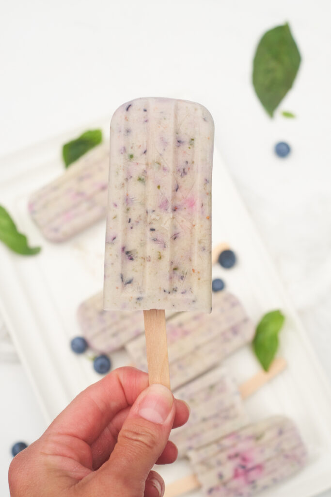 pomegranate coconut milk ice pop with blueberry and basil held up by a woman's hand