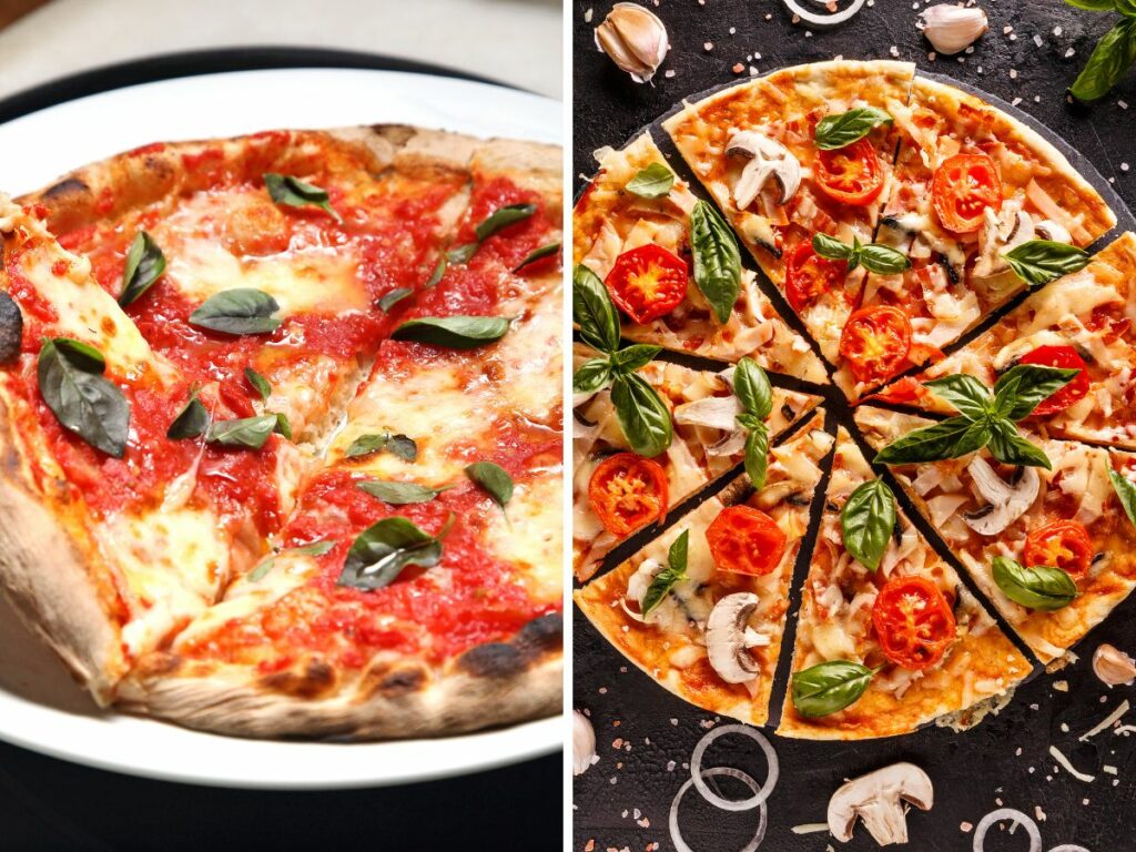 Collage of two pizzas with one using fresh basil leaves cooked with the pizza, and one with fresh basil leaves added after the pizza was cooked. When to put basil on pizza depends on the oven you use and personal preference.