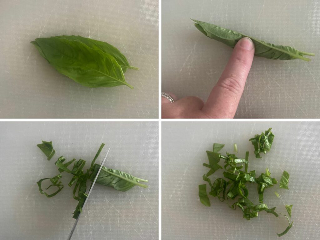 Collage of 4 photos showing the steps to cut basil chiffonade